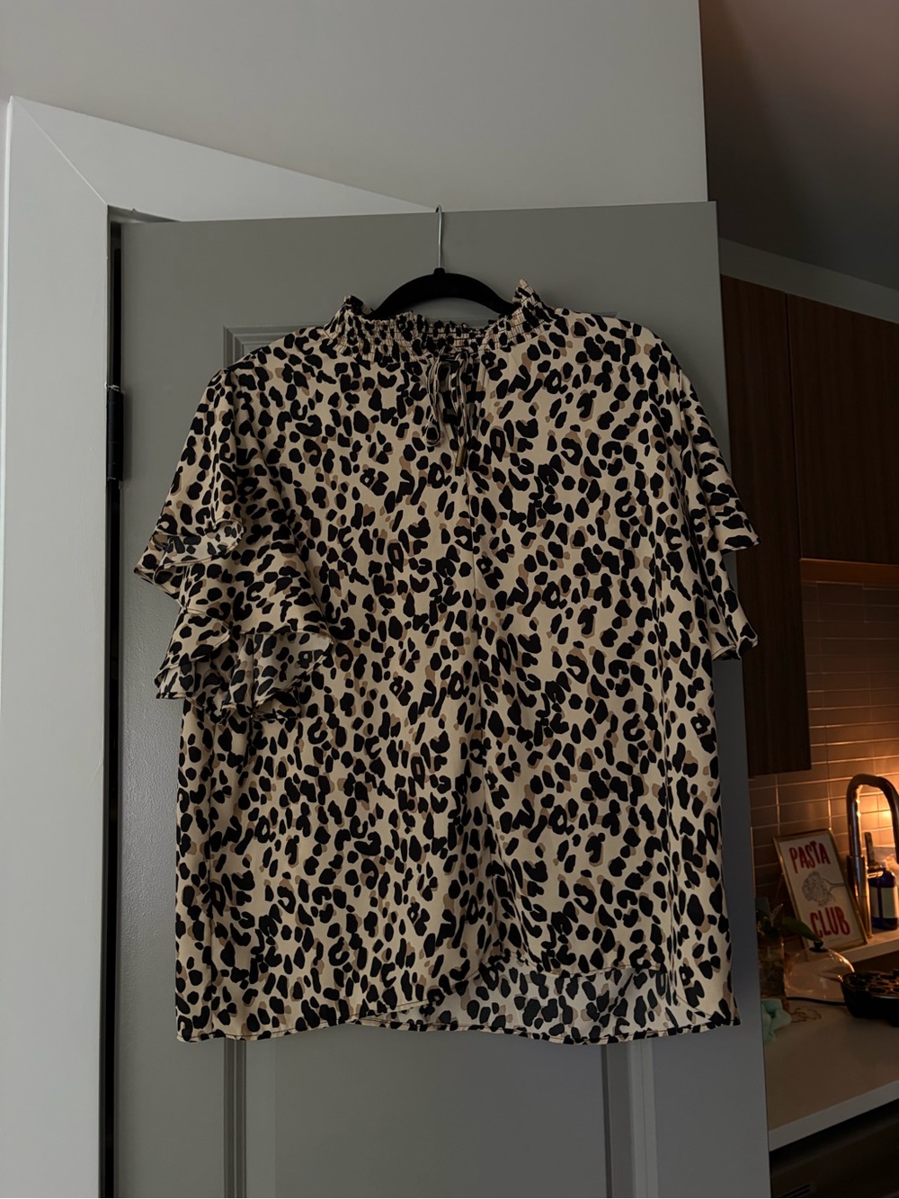 T Tahari Beige and Black Leopard Print Ruffle Sleeve Blouse